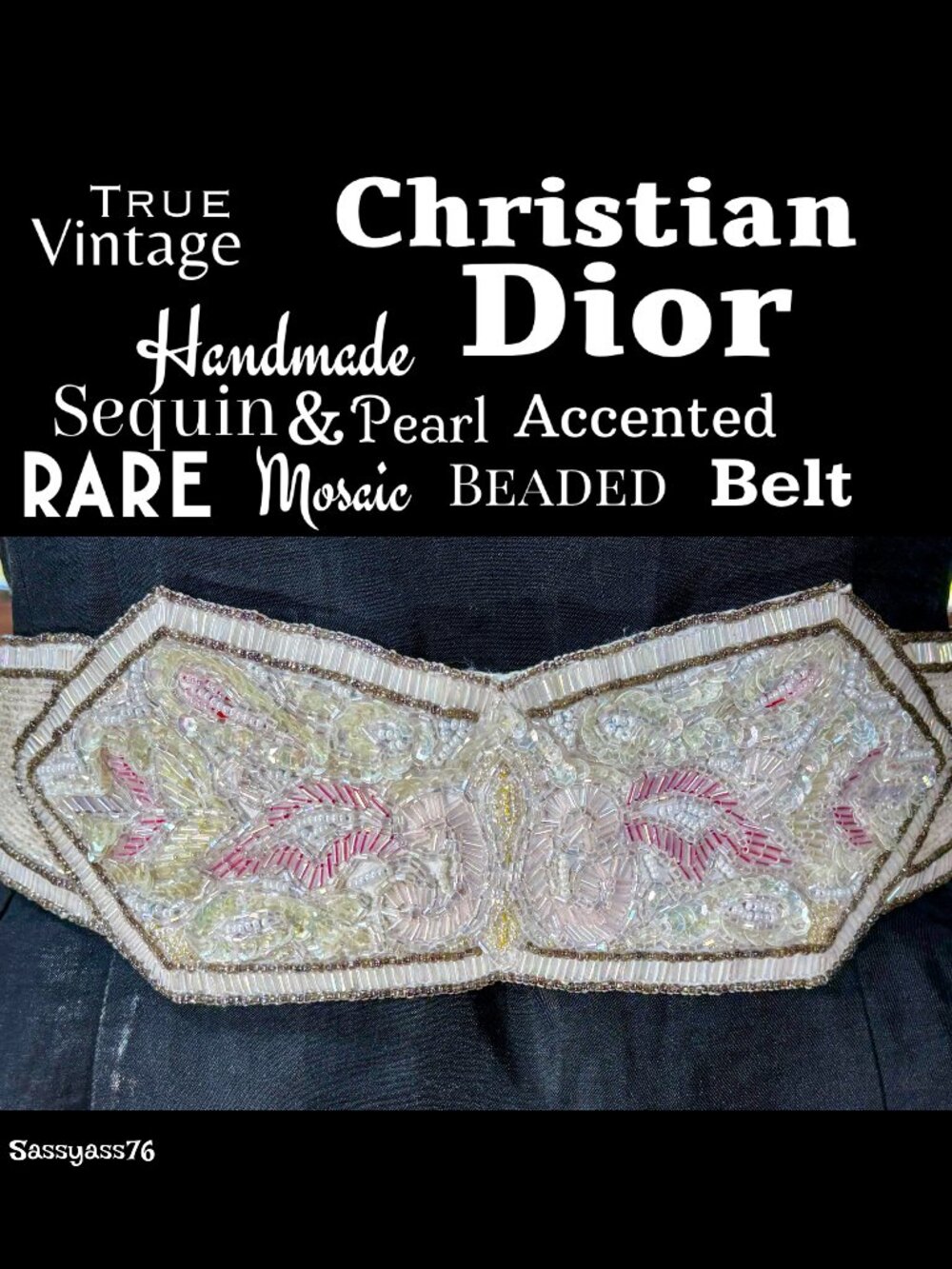 ▪️VTG▪️CHRISTIAN DIOR▪️1980's RARE Handmade Sequin Pearl Mosaic Beaded Belt
